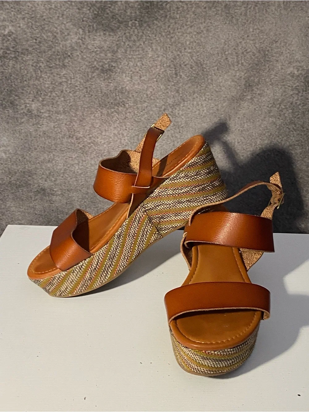 Maurices Women’s Striped Platform Wedge Sandals Brown Honey Ankle Strap Size 9M